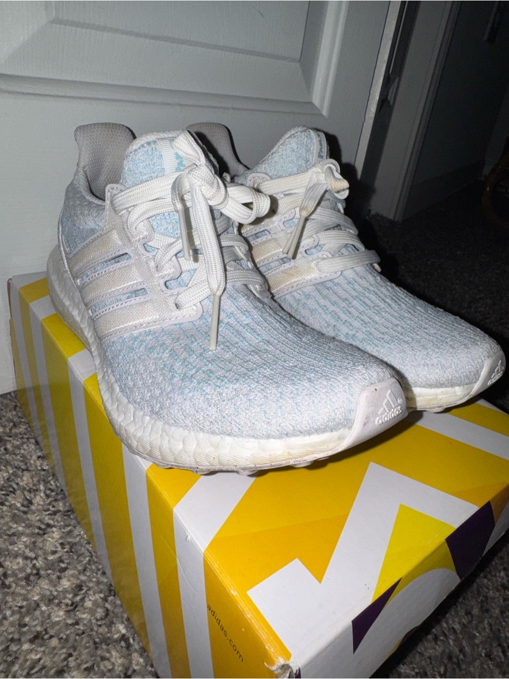 Adidas Ultra Boost White & Light Blue Knit Sneakers